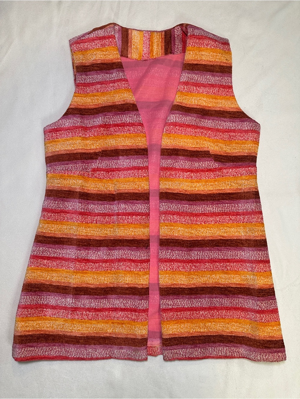 Vintage Handmade Striped Knit Open Front Vest Pink Orange Brown